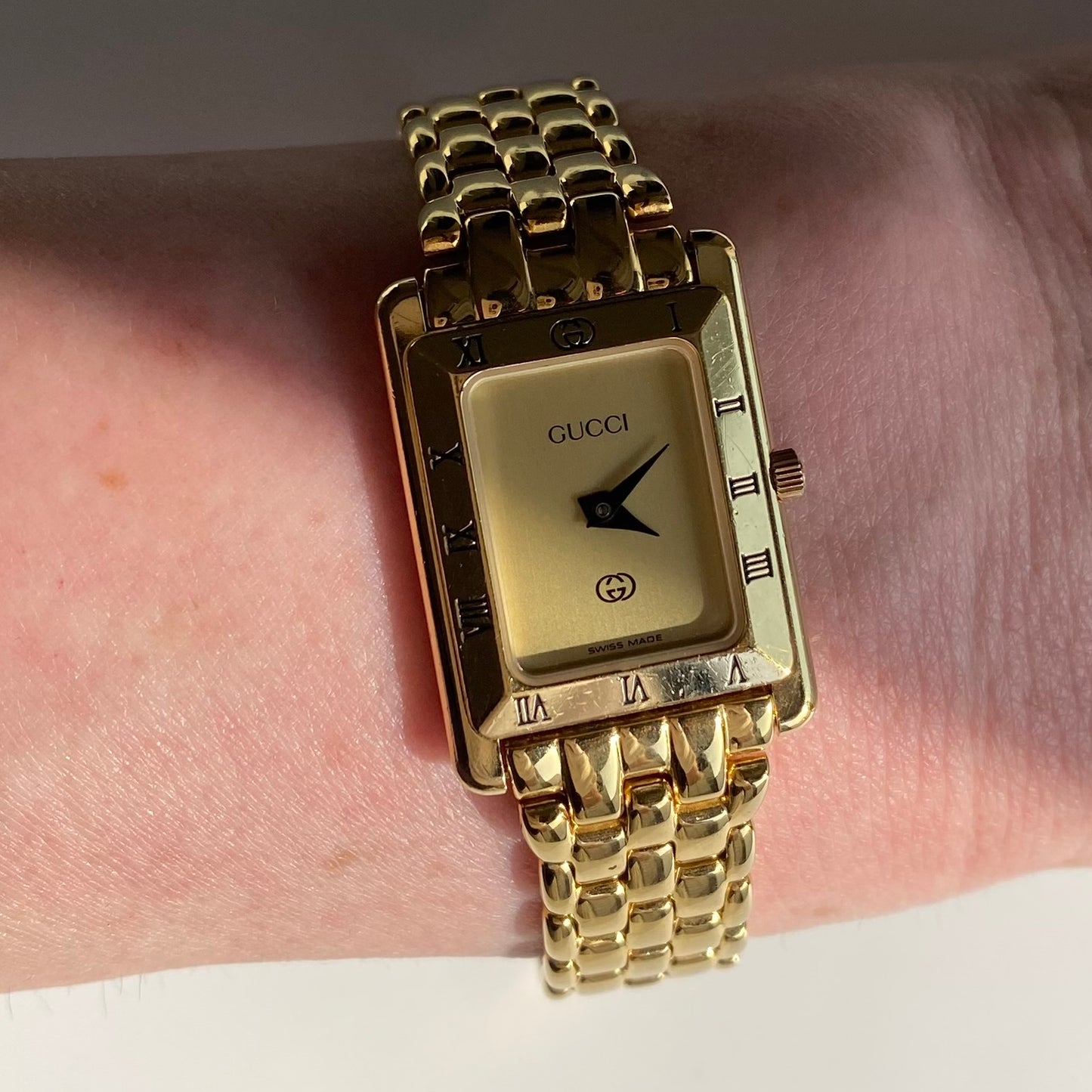 Gucci 1990s Gold Plated Rectangular Dial Watch