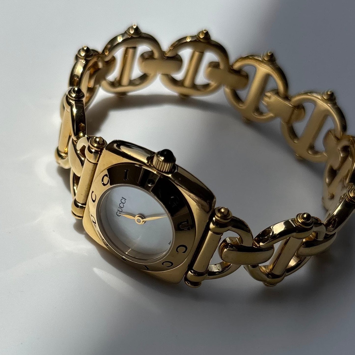 Gucci 1990s Seashell Dial Horsebit Gold Plated Watch