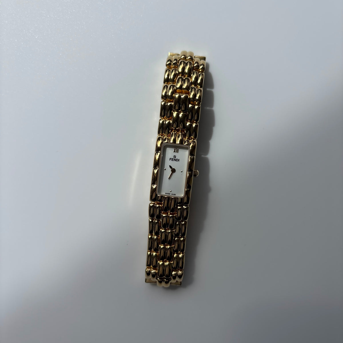 Fendi 1990s Rectangular White Dial Gold Plated Watch