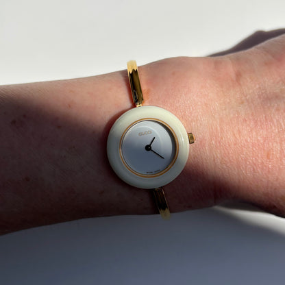 Gucci 1990s Interchangeable Bezel Gold Plated Bangle Watch with case, 12 bezels (Small)