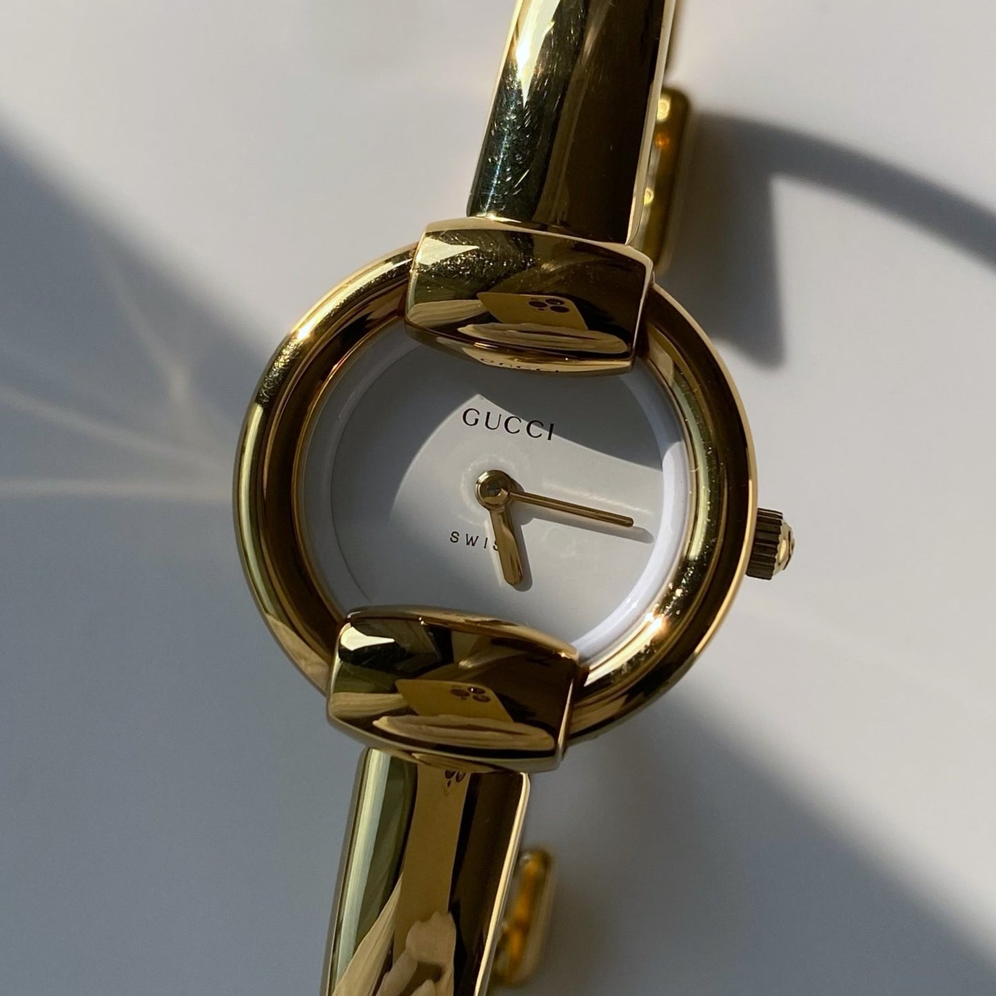 Gucci 1990s Round Dial Gold Plated Bangle Watch