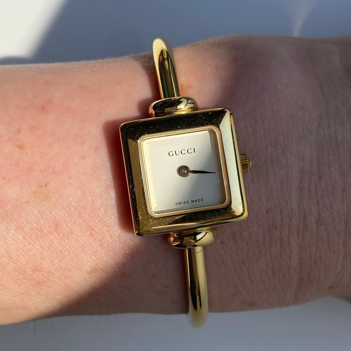 Gucci 1990s Square Dial Gold Plated Bangle Watch