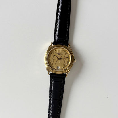 Dior 1990s Date CD Logo Round Dial Gold Plated Watch