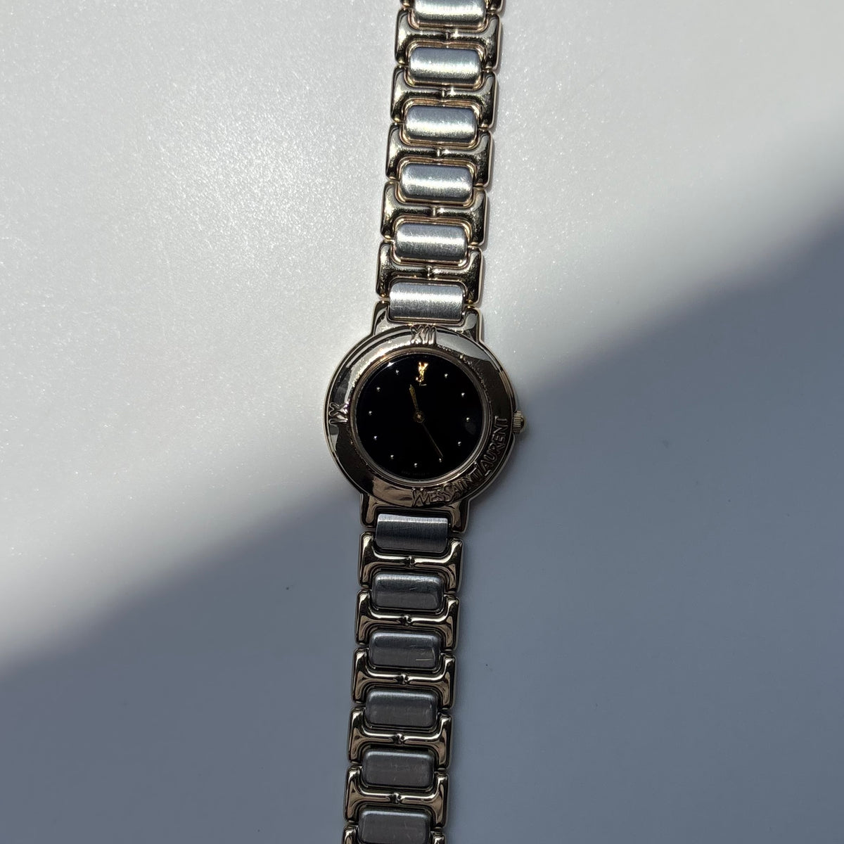 Yves Saint Laurent 1990s Black Round Dial Two Tone Gold Plated Watch