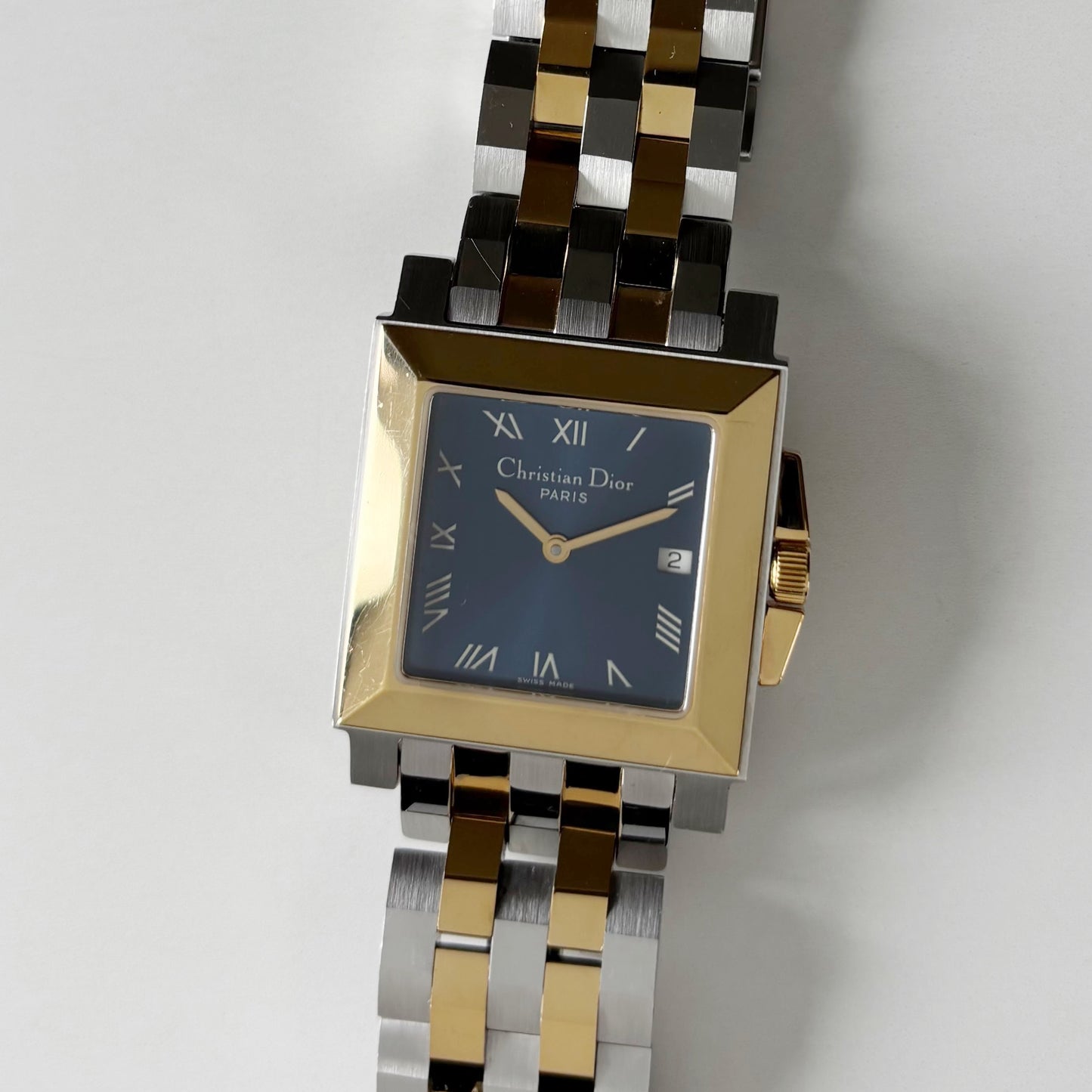 Dior 1990s Monsieur De Dior Navy Square Dial Two Tone Watch (Large)