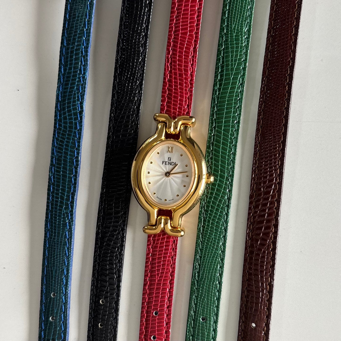 Fendi 1990s Interchangeable Strap Gold Plated Watch with 5 straps, case