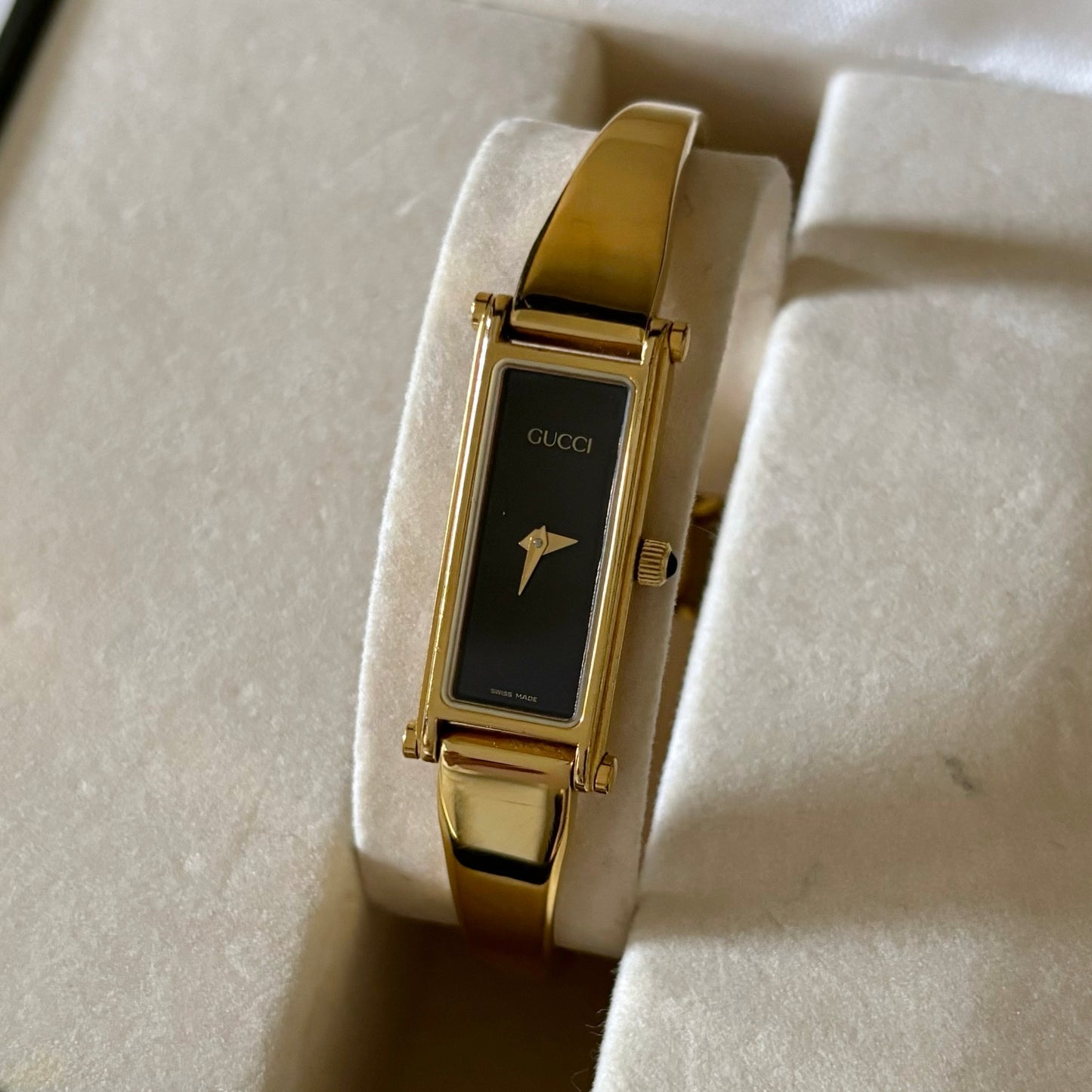 Gucci 1990s Black Dial Rectangular Gold Plated Bangle Watch