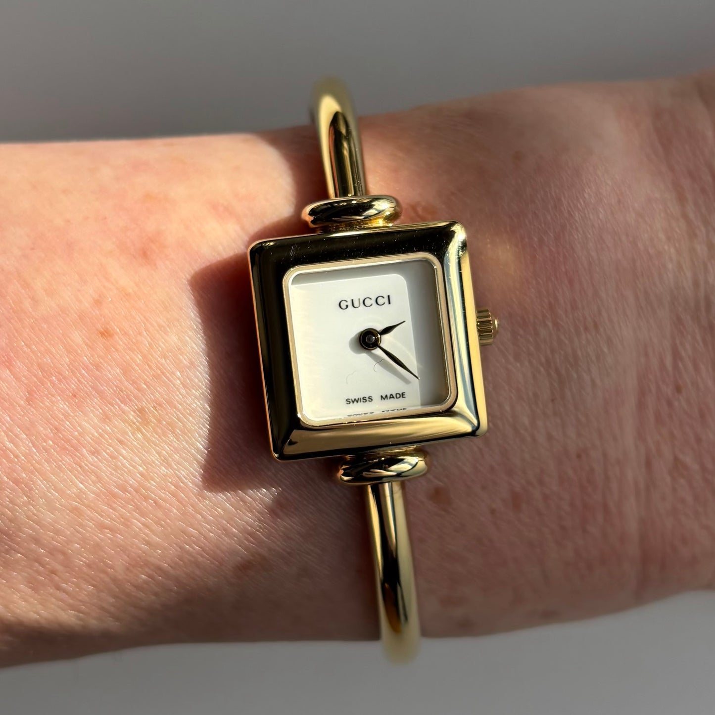 Gucci 1990s Square Dial Gold Plated Bangle Watch