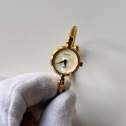 Gucci 1990s Seashell Dial Gold Plated Cable Bangle Watch