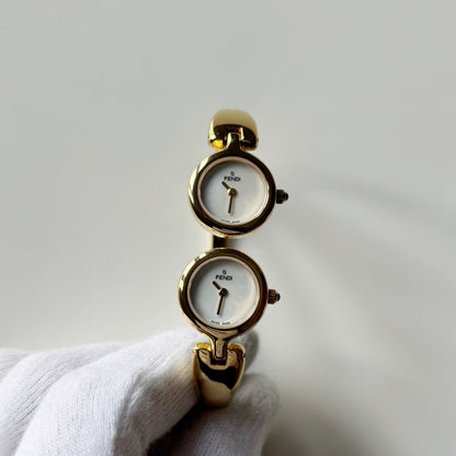 Fendi 1990s Seashell Dial Two Time Zone Gold Plated Bangle Watch