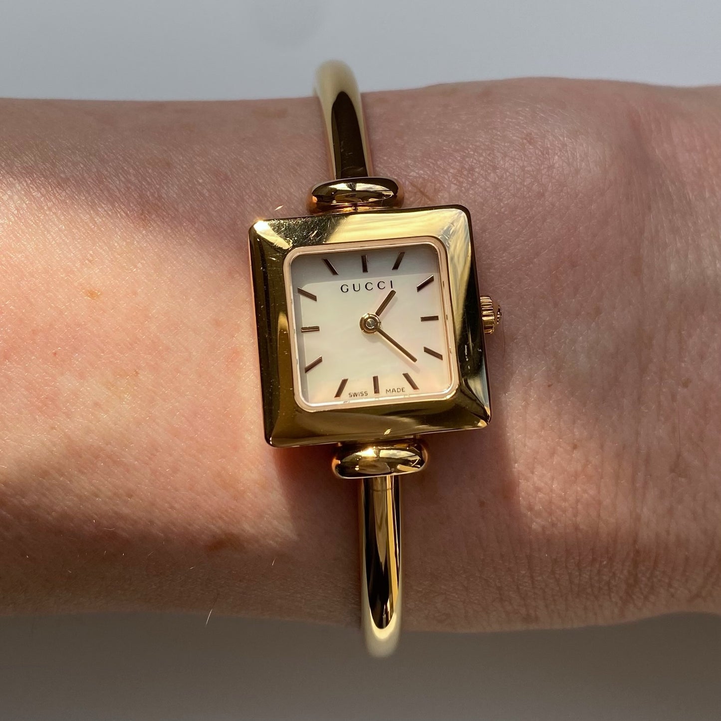 Gucci 1990s Seashell Dial Square Gold Plated Bangle Watch