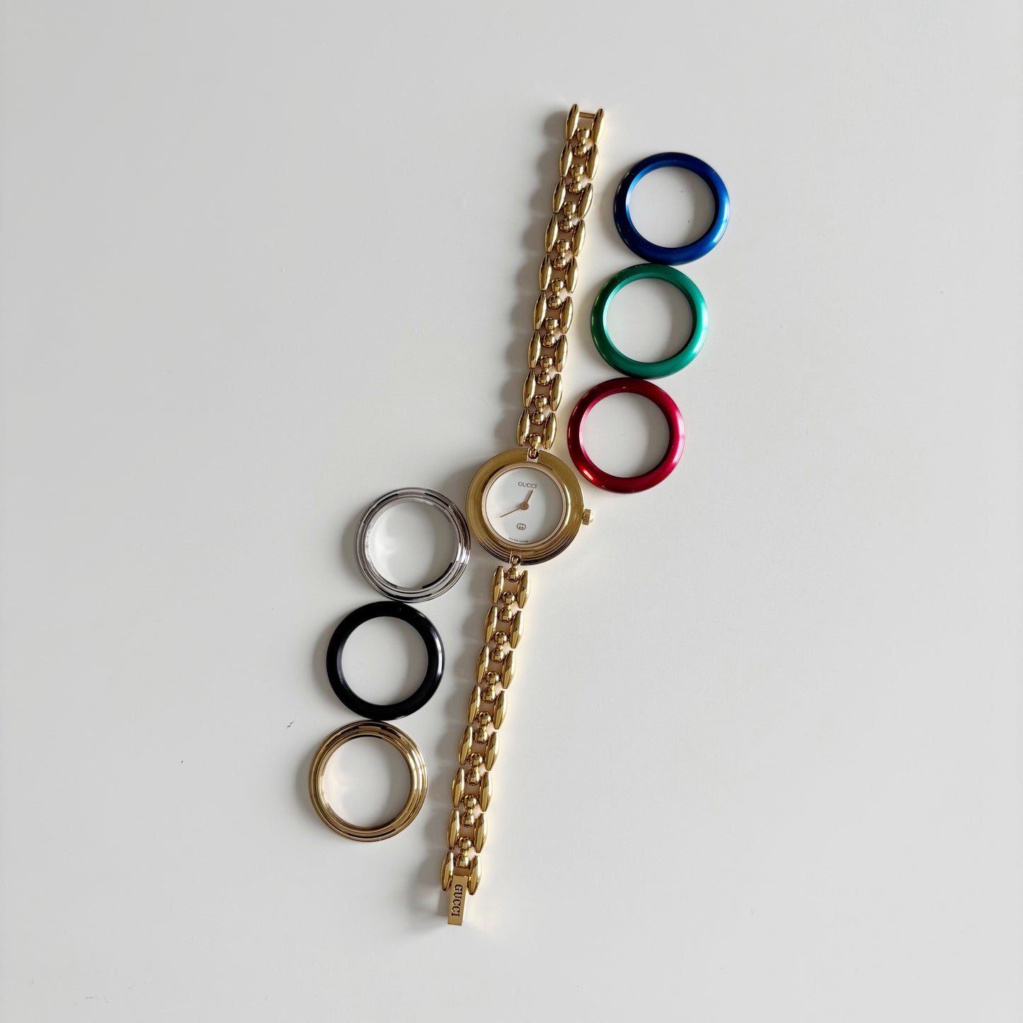 Gucci 1990s Interchangeable Bezel Gold Plated Watch with 6 bezels, case (165mm)