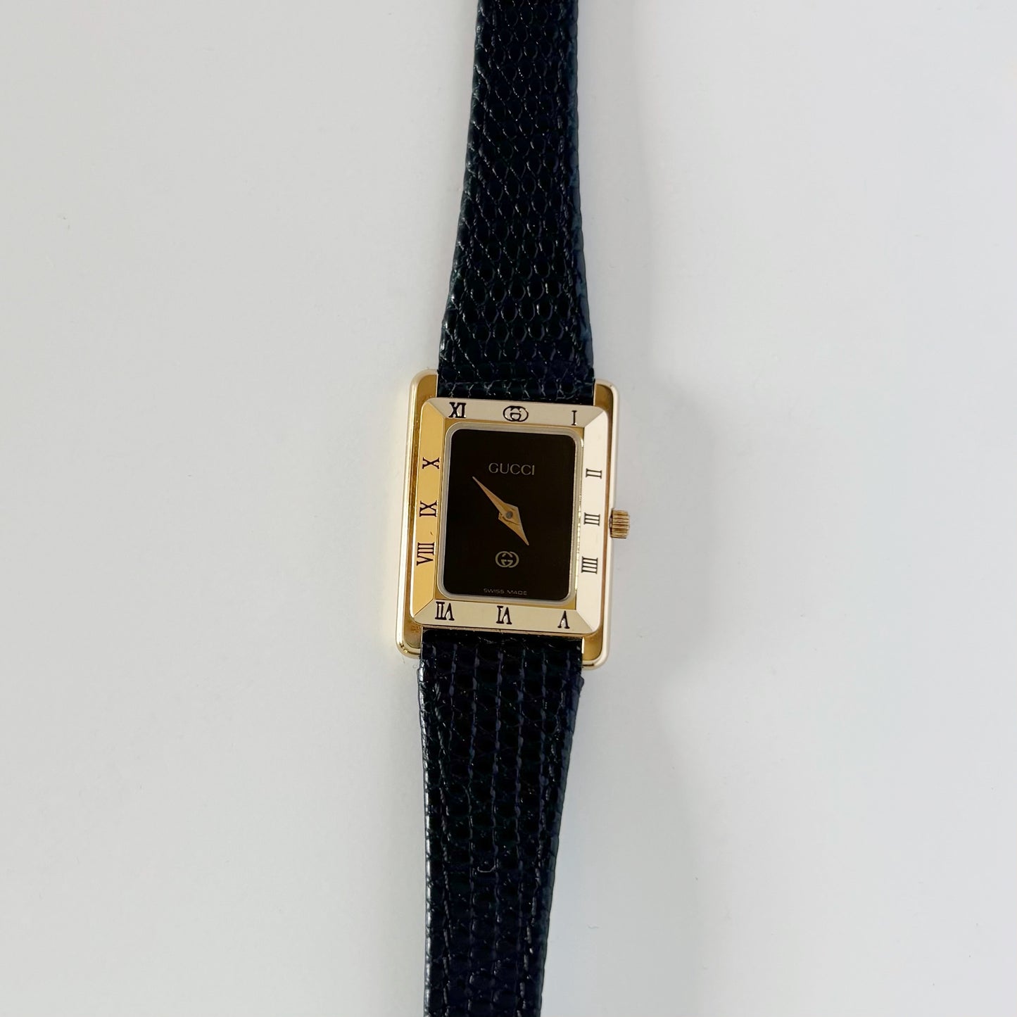 Gucci 1980s Black Dial Tank Gold Plated Watch