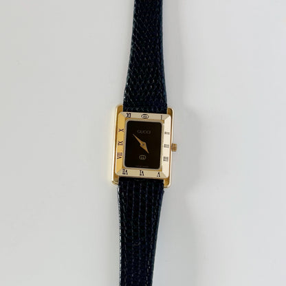 Gucci 1980s Black Dial Tank Gold Plated Watch