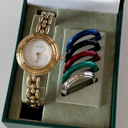 Gucci 1990s Interchangeable Bezel Gold Plated Rice Chain Watch with 6 bezels, case (165mm)