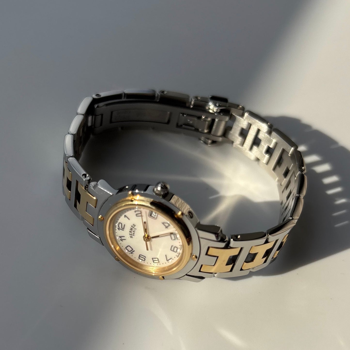 Hermes Early 2000s Clipper Seashell Dial Gold Plated Two Tone Watch