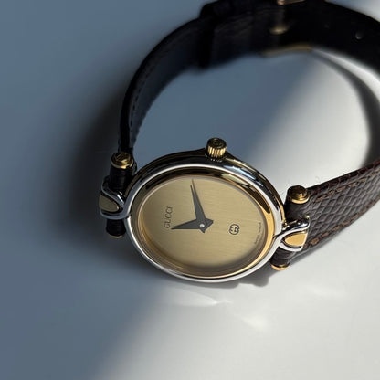 Gucci 1990s Gold Round Dial Two Tone Gold Plated Watch