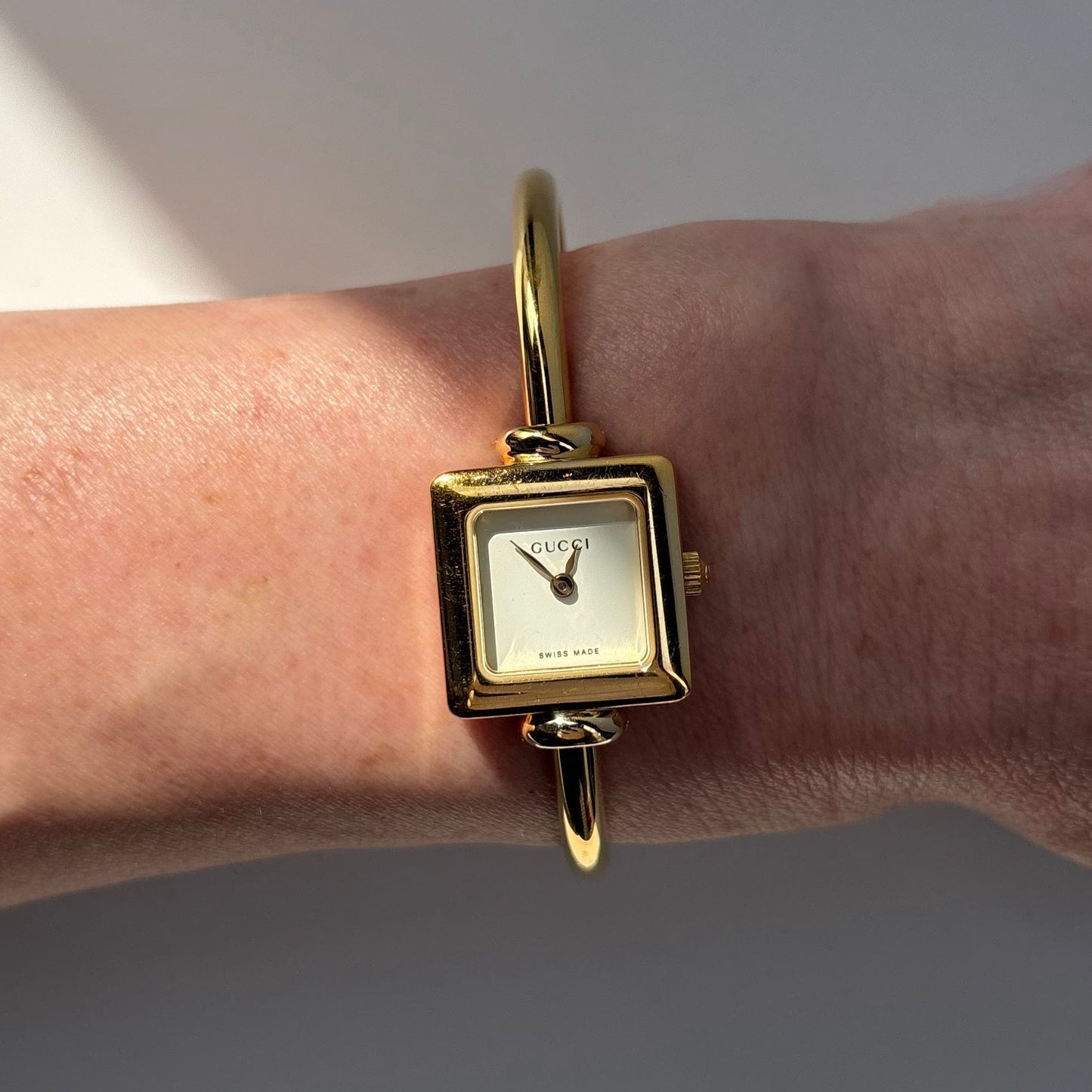 Gucci 1990s Square Dial Gold Plated Bangle Watch