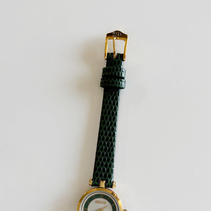 Gucci 1990s Round Dial Green Gold Plated Watch
