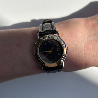 Gucci 1990s Date Black Round Dial Two Tone Watch