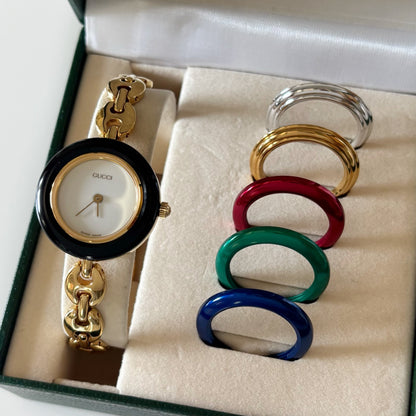 Gucci 1990s Interchangeable Bezel Gold plated Watch with 6 bezels, case (165mm)
