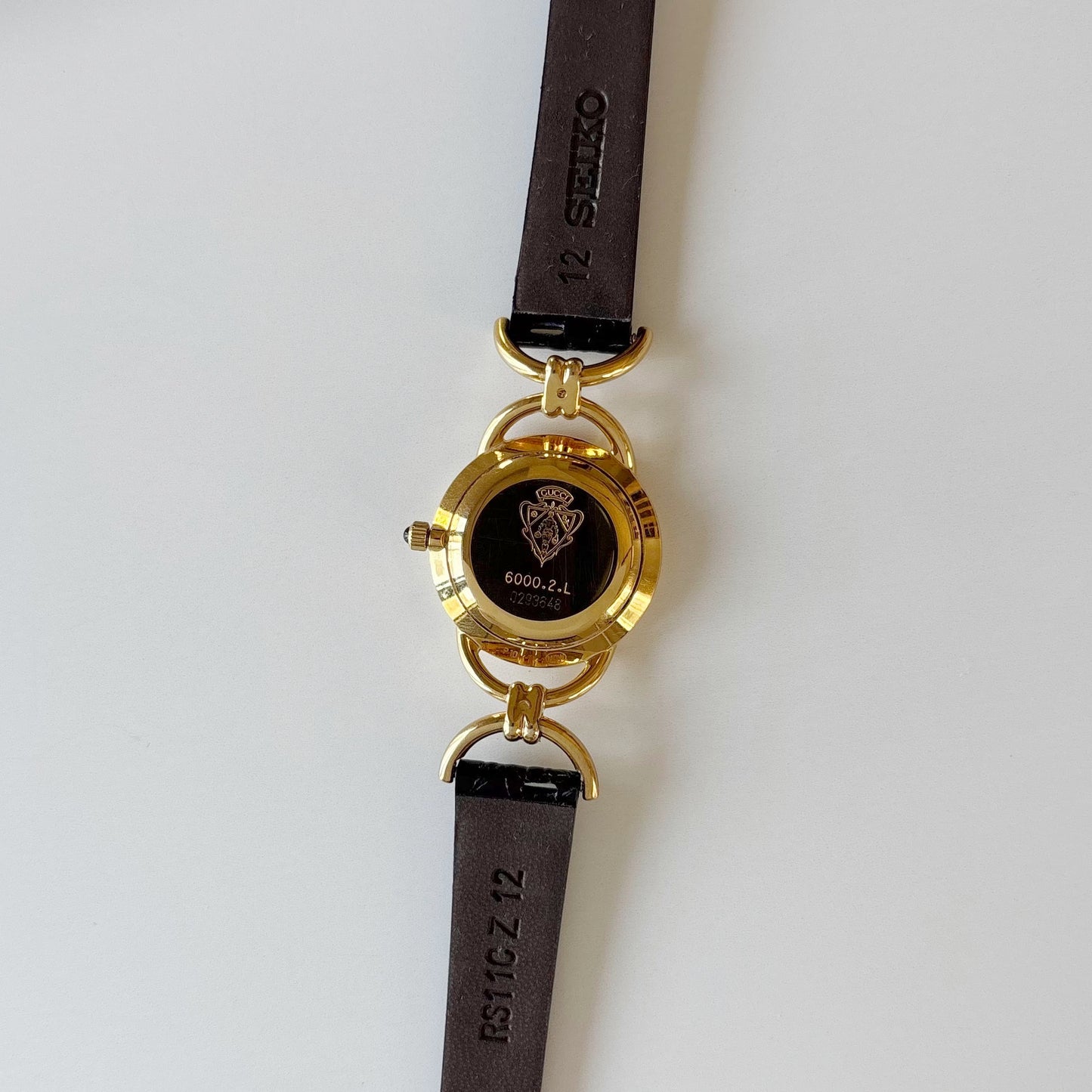 Gucci 1990s Black Round Dial Horsebit Gold Plated Watch