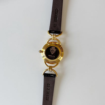 Gucci 1990s Black Round Dial Horsebit Gold Plated Watch