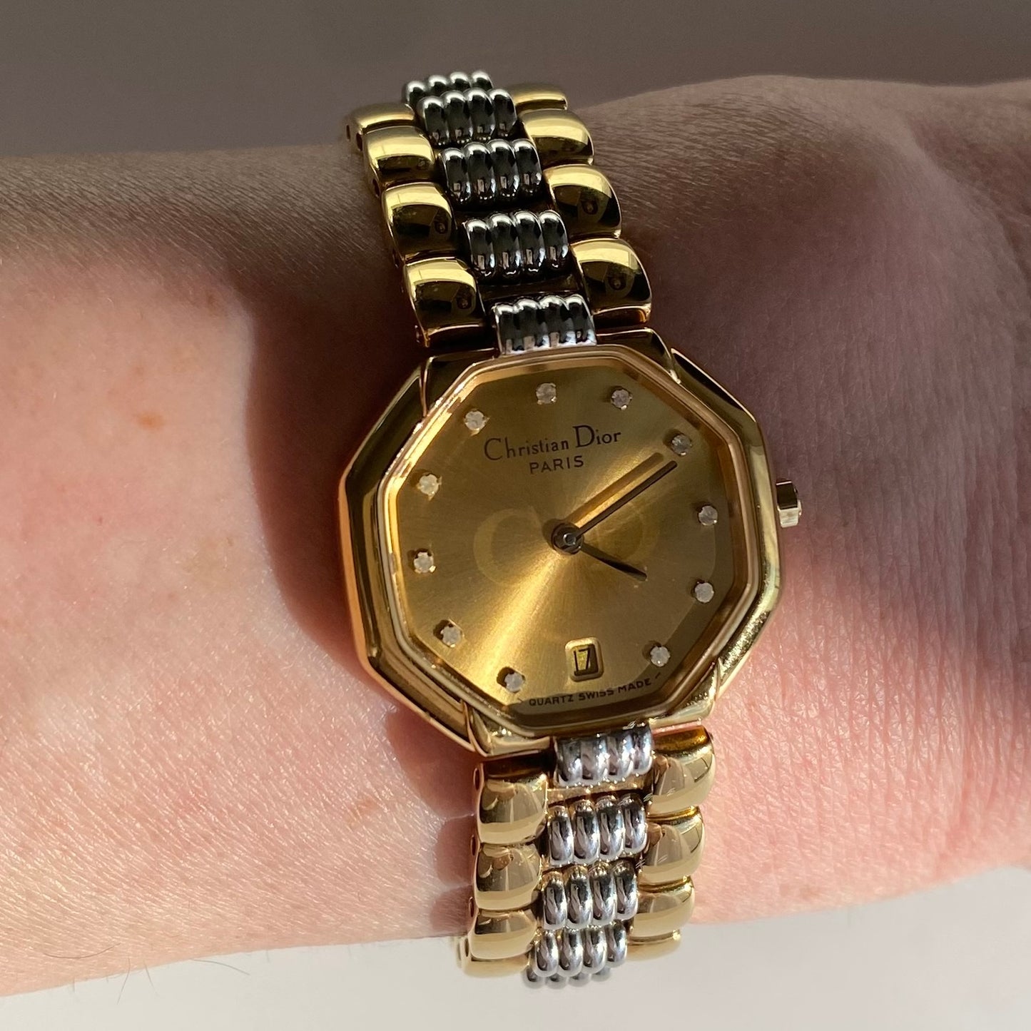 Dior 1990s Octagon Gold Plated Two Tone Watch