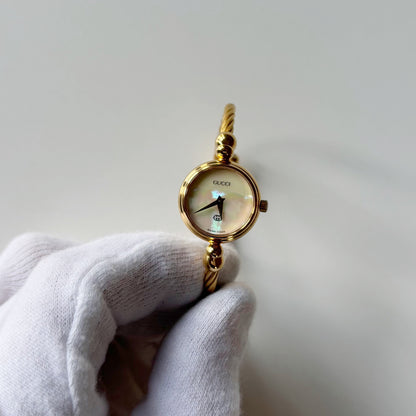 Gucci 1990s Seashell Dial Gold Plated Cable Bangle Watch