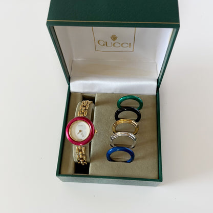 Gucci 1990s Interchangeable Bezel Gold Plated Rice Chain Watch with case, 6 bezels (160mm)
