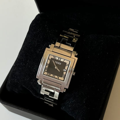 Fendi 1990s Black Dial Date Square Stainless Steel Watch