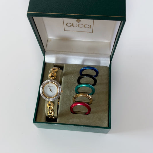 Gucci 1990s Interchangeable Bezel Gold Plated Watch with 6 bezels, case (165mm)