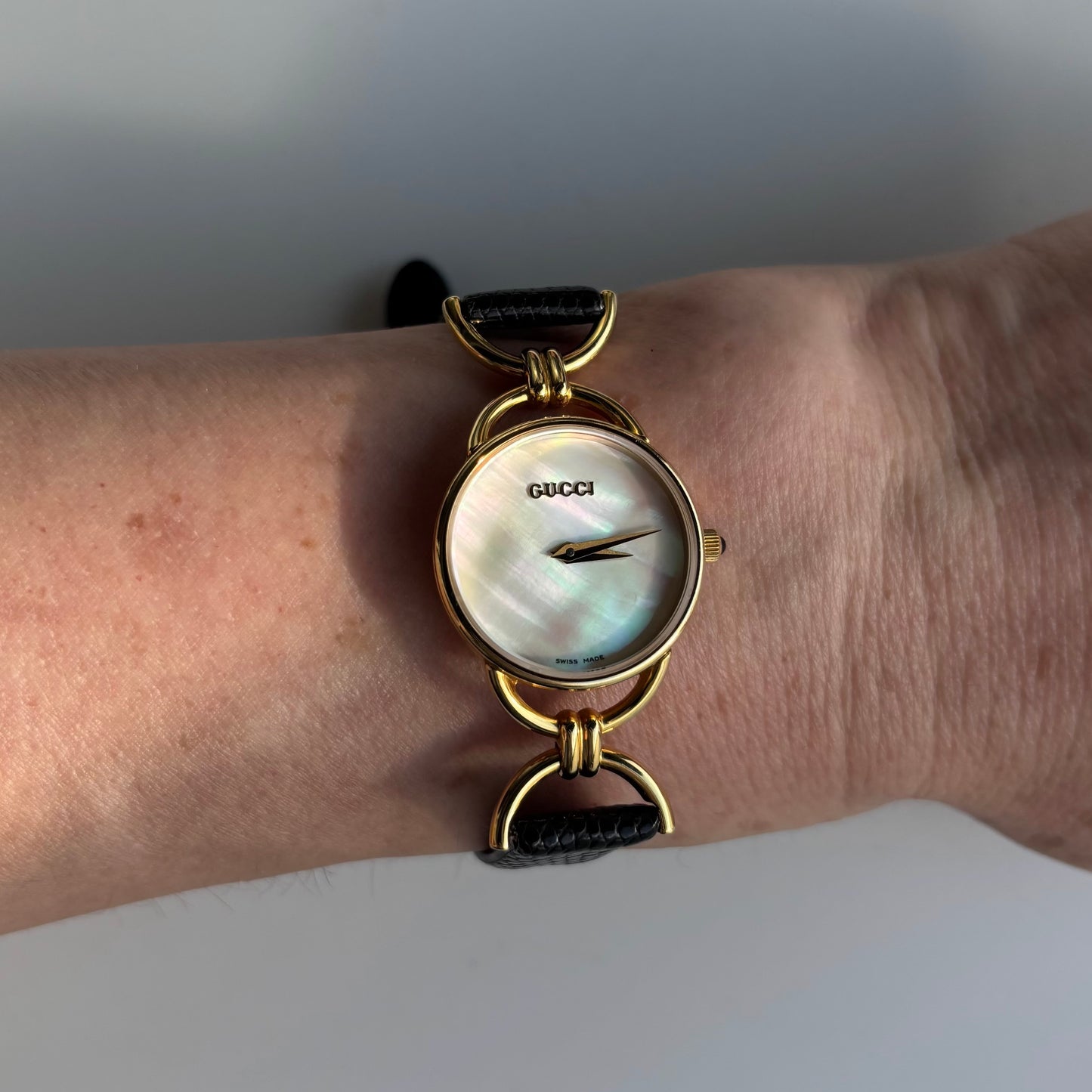 Gucci 1990s Seashell Dial Gold Plated Horsebit Watch