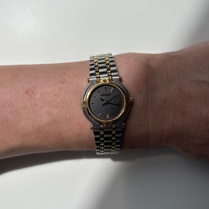 Gucci 1990s Date Black Round Dial Two-Tone Gold-Plated Watch