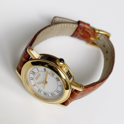 Gucci 1990s Date Gold Plated Round Leather Strap Watch