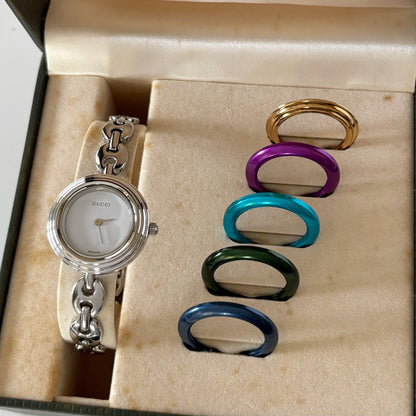 Gucci 1990s Interchangeable Bezel Stainless steel Silver Watch with 6 bezels, case (167mm)