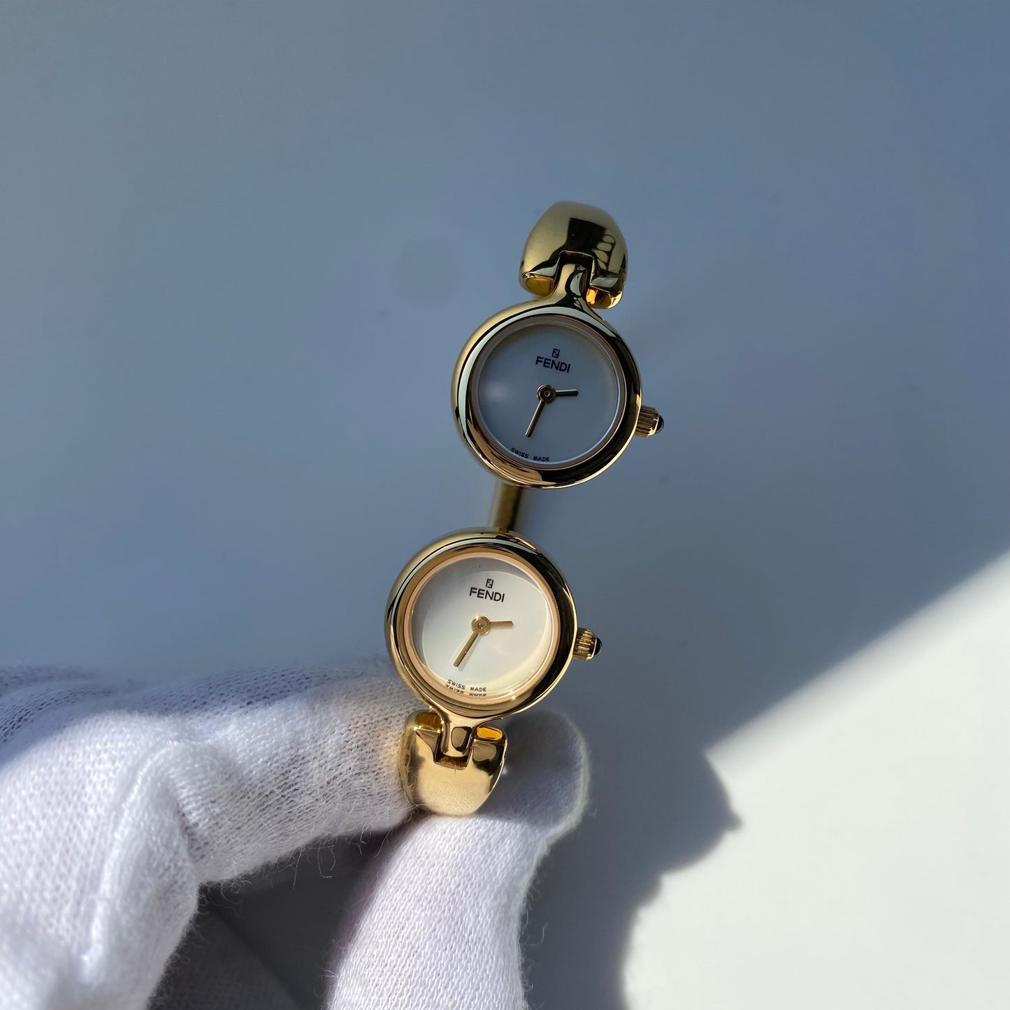 Fendi 1990s Seashell Dial Two Time Zone Gold Plated Bangle Watch