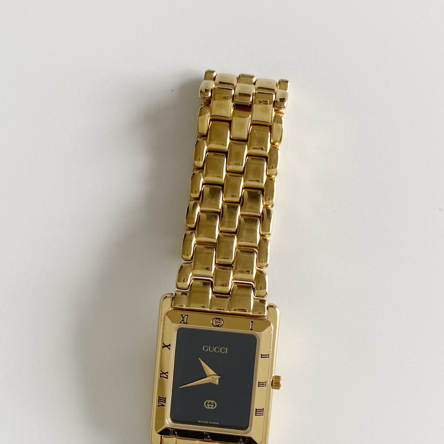 Gucci 1990s Black Dial Tank Gold Plated Watch (Large)