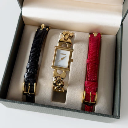 Gucci 1990s Interchangeable Belt Gold Plated Watch with 3 straps, case