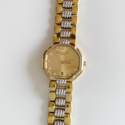 Dior 1990s Octagon Two Tone Gold Plated Watch