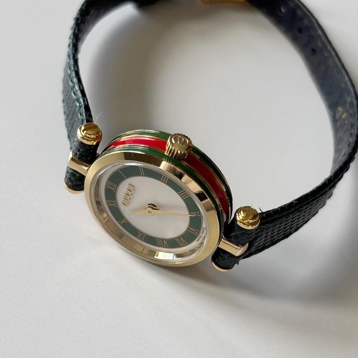 Gucci 1990s Round Dial Cherry Green Gold-Plated Watch