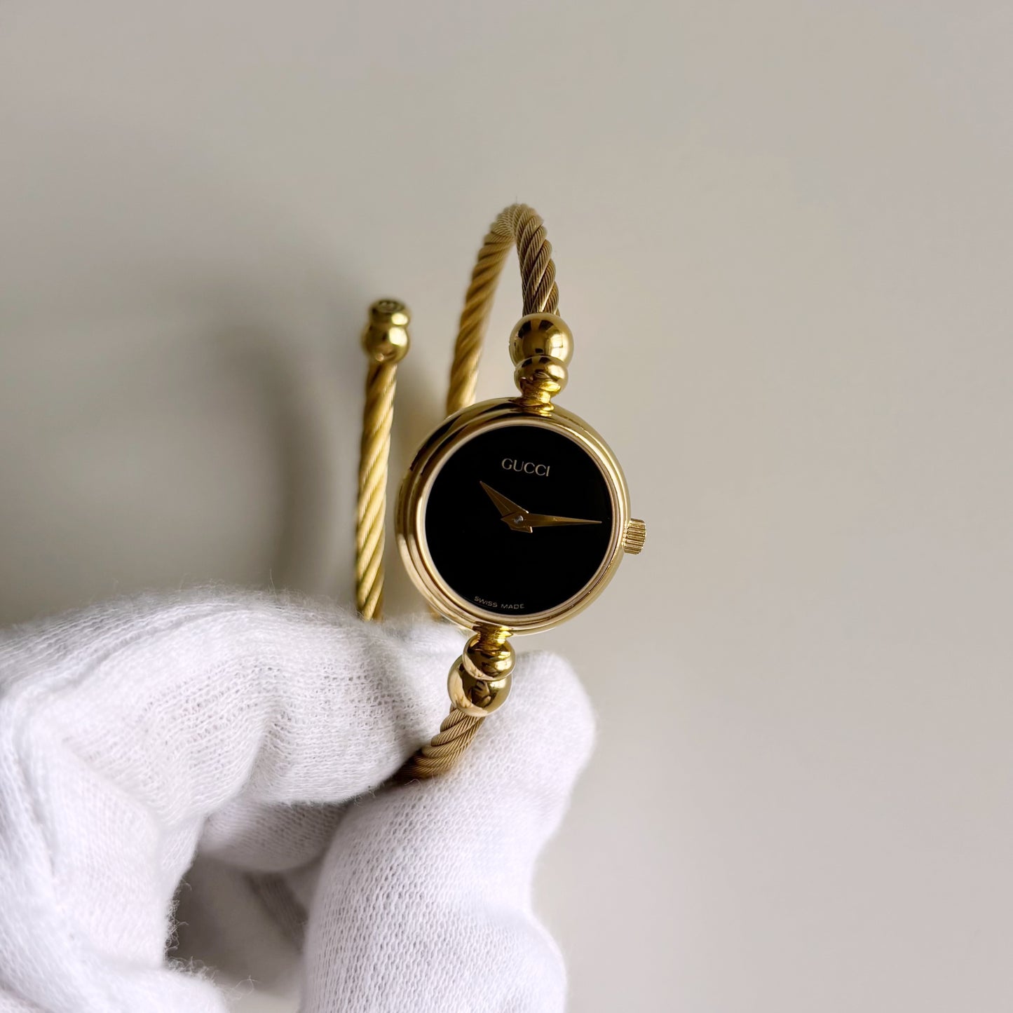 Gucci 1990s Black Dial Gold Plated Cable Bangle Watch
