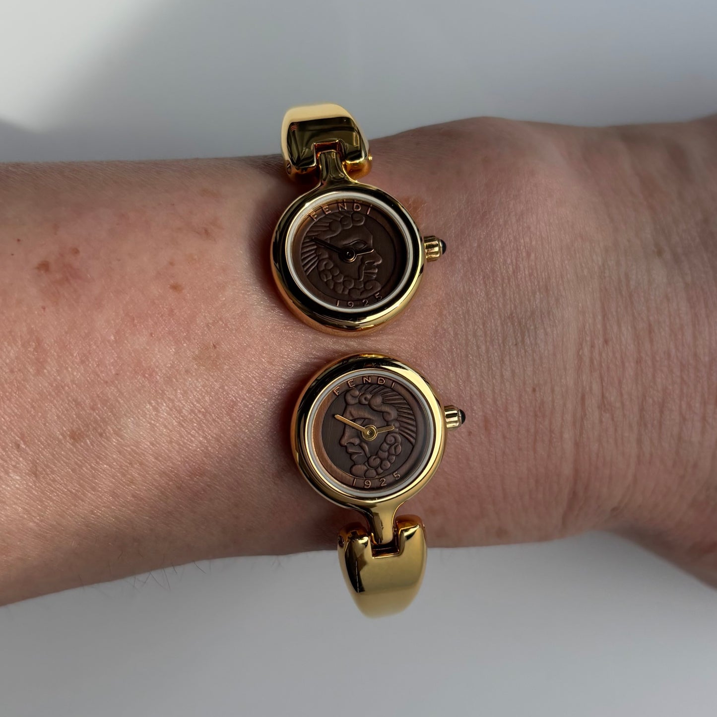 Fendi 1990s Seashell Dial Two Time Zone Gold Plated Bangle Watch