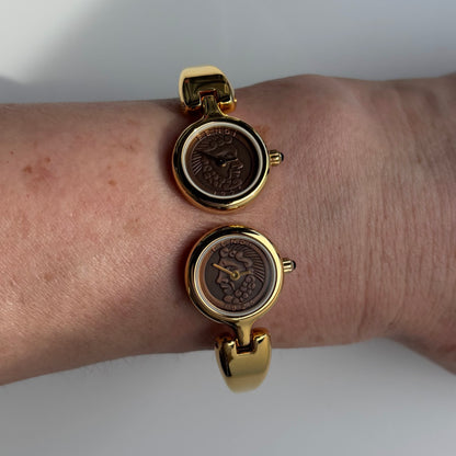 Fendi 1990s Seashell Dial Two Time Zone Gold Plated Bangle Watch