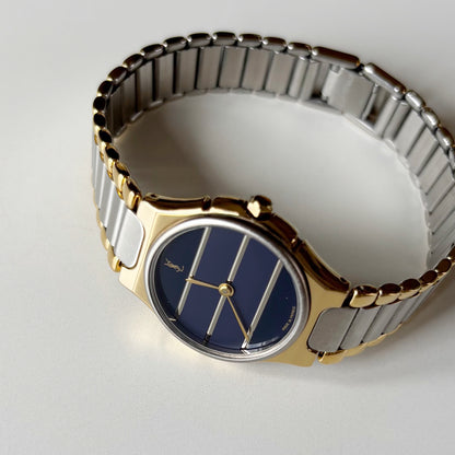 Yves Saint Laurent 1990s Navy Round Dial Two Tone Gold Plated Watch