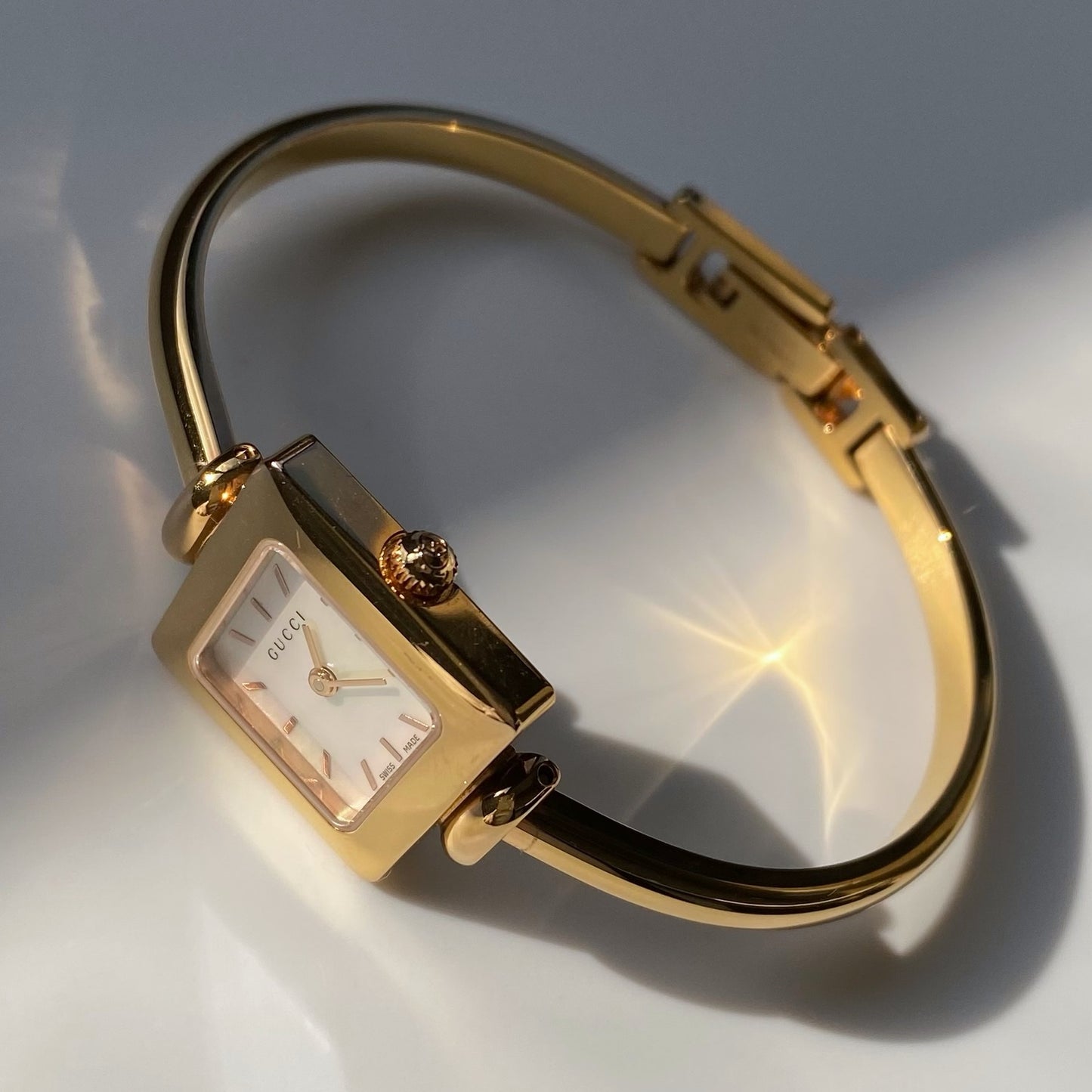 Gucci 1990s Seashell Dial Square Gold Plated Bangle Watch