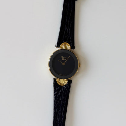 Dior 1990s Black Round Dial Gold Plated Watch
