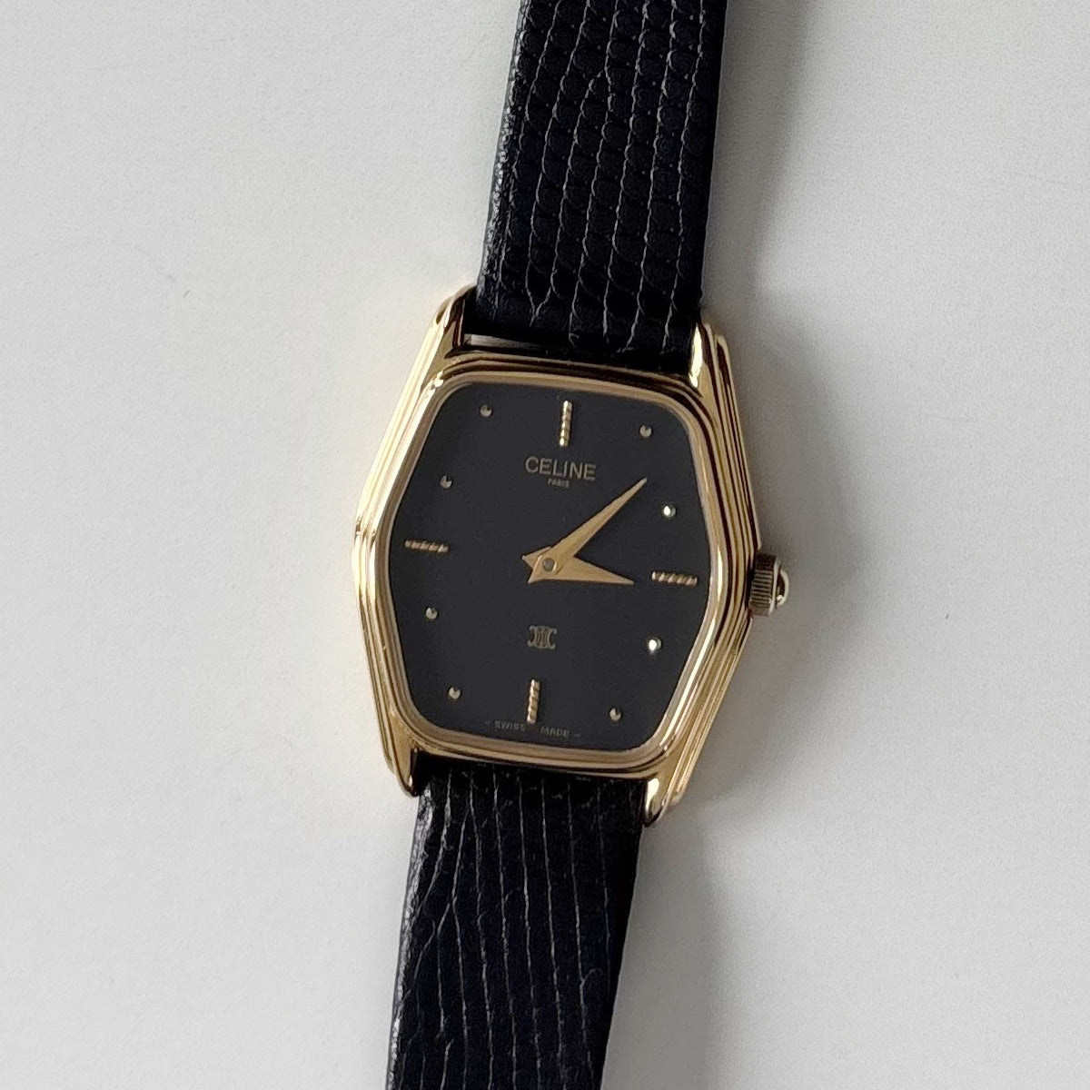 Celine 1980s Black Dial Gold Plated Watch