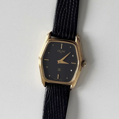 Celine 1980s Black Dial Gold Plated Watch