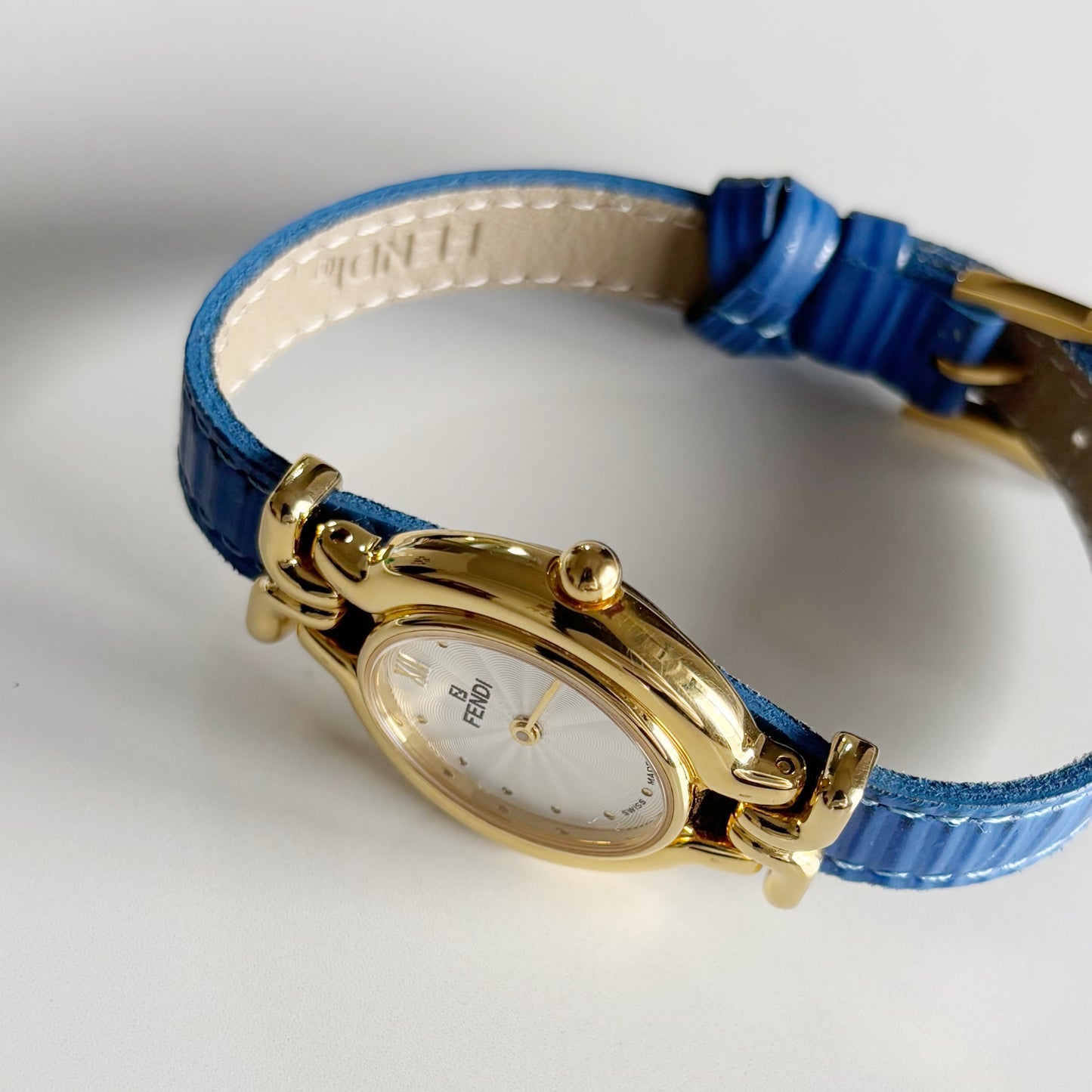 Fendi 1990s Interchangeable Strap Oval Dial Gold Plated Watch with 5 straps, case